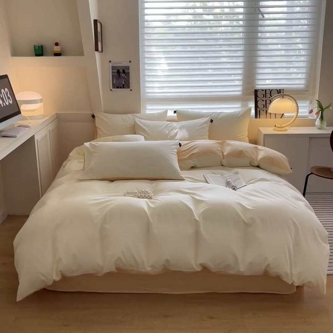91家纺网 家纺一手货源 找家纺 涵宸家纺 2026新款全棉纯色四件套-米兰-场景一 米兰-奶白+浅黄