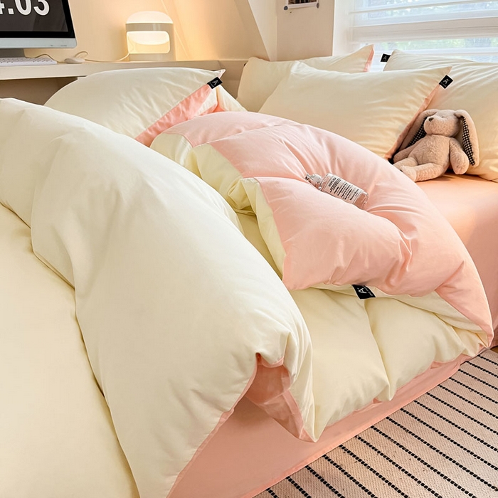 涵宸家纺 2026新款全棉纯色四件套-米兰-场景一 米兰-奶白+烟粉