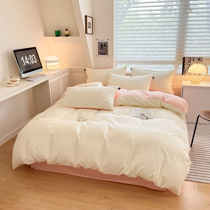 91家纺网 家纺一手货源 找家纺 涵宸家纺 2026新款全棉纯色四件套-米兰-场景一 米兰-奶白+烟粉