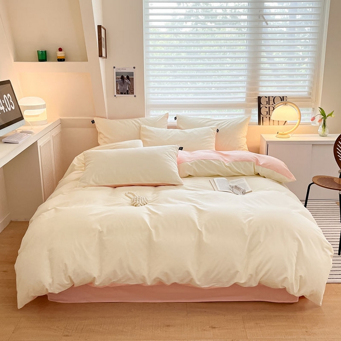 91家纺网 家纺一手货源 找家纺 涵宸家纺 2026新款全棉纯色四件套-米兰-场景一 米兰-奶白+烟粉