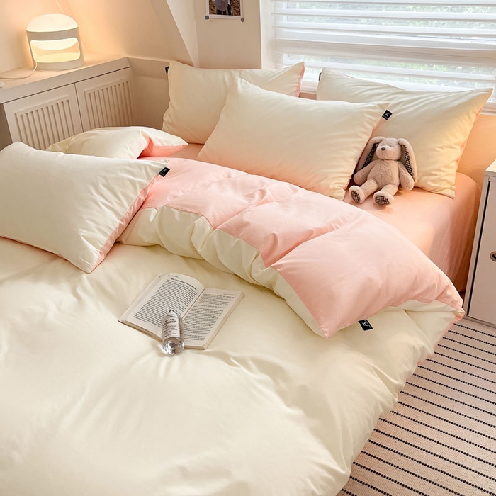 91家纺网 家纺一手货源 找家纺 涵宸家纺 2026新款全棉纯色四件套-米兰-场景一 米兰-奶白+烟粉