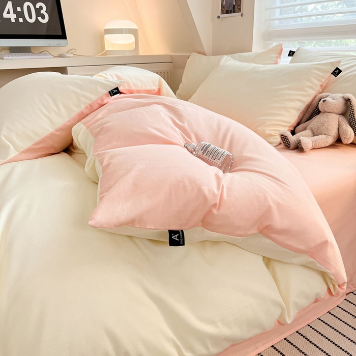 91家纺网 家纺一手货源 找家纺 涵宸家纺 2026新款全棉纯色四件套-米兰-场景一 米兰-奶白+烟粉