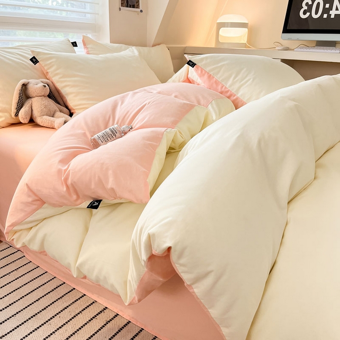 91家纺网 家纺一手货源 找家纺 涵宸家纺 2026新款全棉纯色四件套-米兰-场景一 米兰-奶白+烟粉