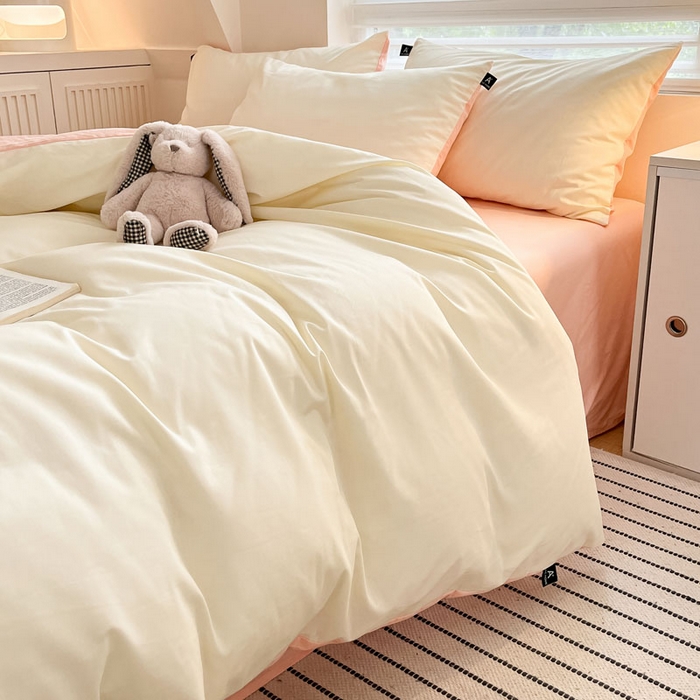 91家纺网 家纺一手货源 找家纺 涵宸家纺 2026新款全棉纯色四件套-米兰-场景一 米兰-奶白+烟粉