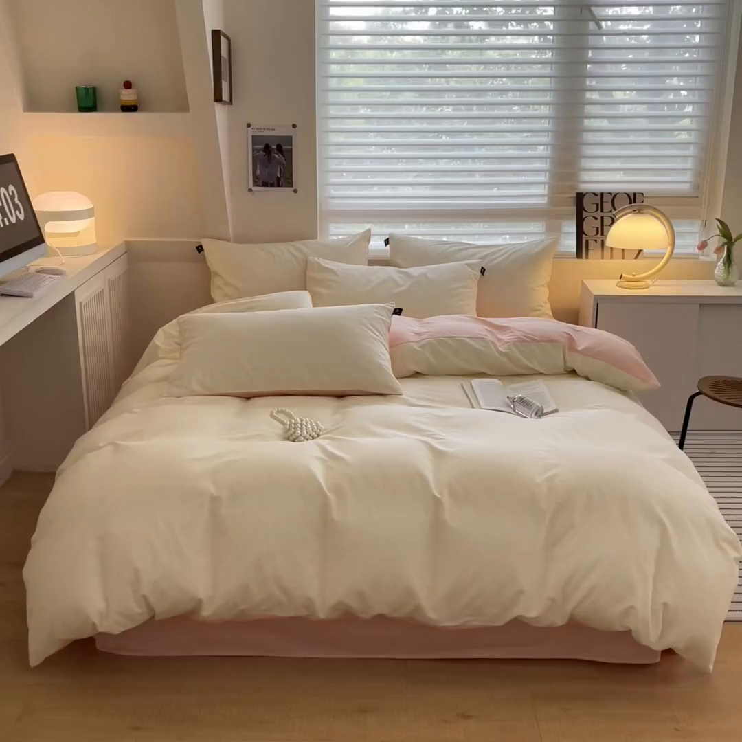 91家纺网 家纺一手货源 找家纺 涵宸家纺 2026新款全棉纯色四件套-米兰-场景一 米兰-奶白+烟粉