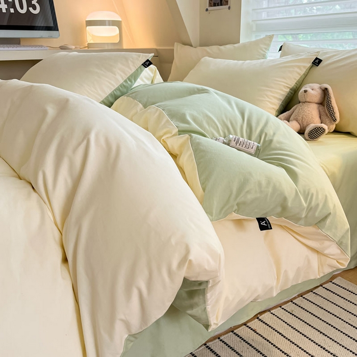 涵宸家纺 2026新款全棉纯色四件套-米兰-场景一 米兰-奶白+月光绿