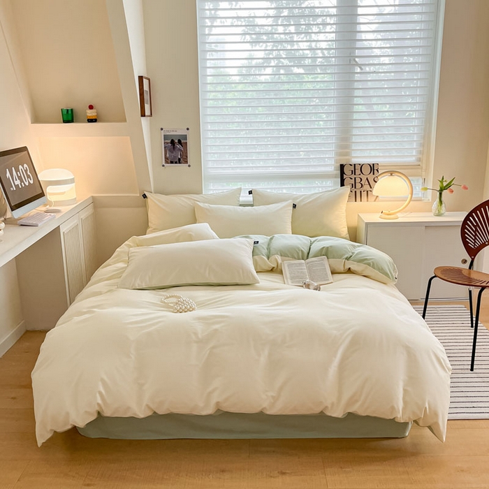 91家纺网 家纺一手货源 找家纺 涵宸家纺 2026新款全棉纯色四件套-米兰-场景一 米兰-奶白+月光绿