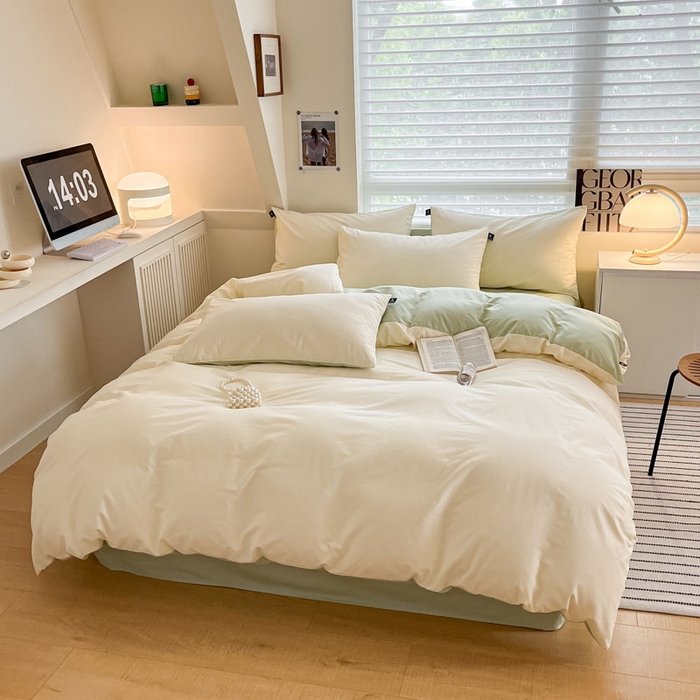 91家纺网 家纺一手货源 找家纺 涵宸家纺 2026新款全棉纯色四件套-米兰-场景一 米兰-奶白+月光绿