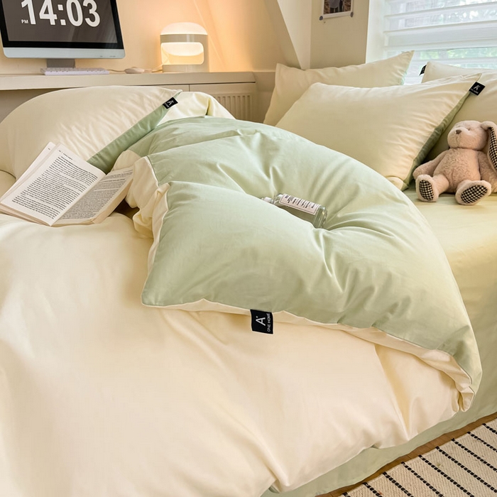 91家纺网 家纺一手货源 找家纺 涵宸家纺 2026新款全棉纯色四件套-米兰-场景一 米兰-奶白+月光绿