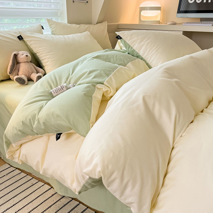 91家纺网 家纺一手货源 找家纺 涵宸家纺 2026新款全棉纯色四件套-米兰-场景一 米兰-奶白+月光绿