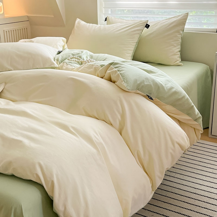 91家纺网 家纺一手货源 找家纺 涵宸家纺 2026新款全棉纯色四件套-米兰-场景一 米兰-奶白+月光绿