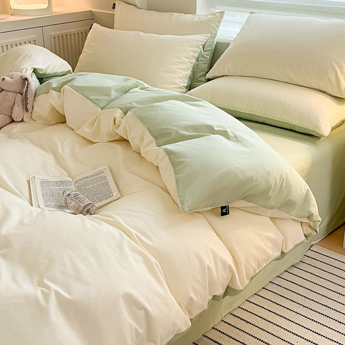 91家纺网 家纺一手货源 找家纺 涵宸家纺 2026新款全棉纯色四件套-米兰-场景一 米兰-奶白+月光绿