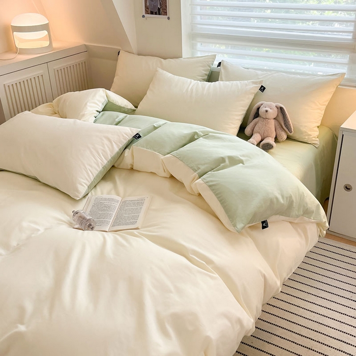 91家纺网 家纺一手货源 找家纺 涵宸家纺 2026新款全棉纯色四件套-米兰-场景一 米兰-奶白+月光绿