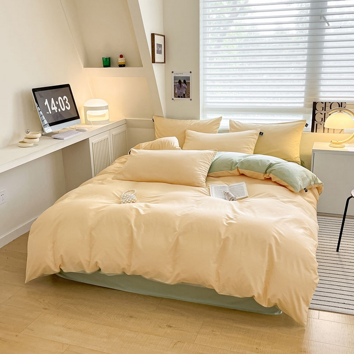 91家纺网 家纺一手货源 找家纺 涵宸家纺 2026新款全棉纯色四件套-米兰-场景一 米兰-浅黄+月光绿