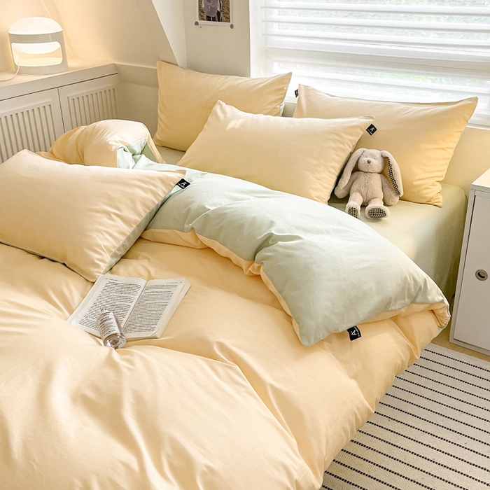 91家纺网 家纺一手货源 找家纺 涵宸家纺 2026新款全棉纯色四件套-米兰-场景一 米兰-浅黄+月光绿