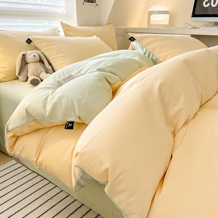 91家纺网 家纺一手货源 找家纺 涵宸家纺 2026新款全棉纯色四件套-米兰-场景一 米兰-浅黄+月光绿