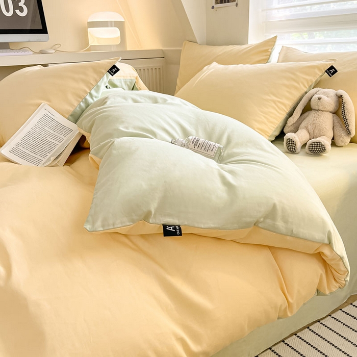 91家纺网 家纺一手货源 找家纺 涵宸家纺 2026新款全棉纯色四件套-米兰-场景一 米兰-浅黄+月光绿