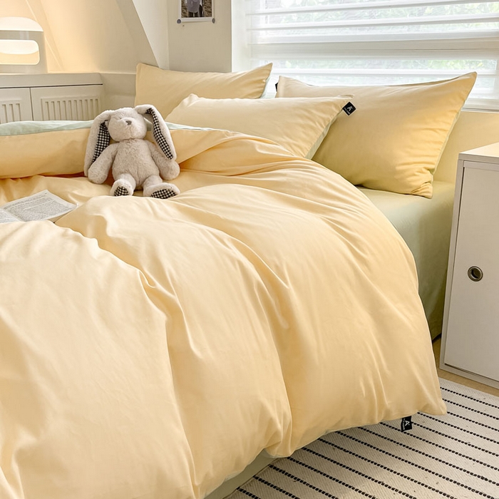 91家纺网 家纺一手货源 找家纺 涵宸家纺 2026新款全棉纯色四件套-米兰-场景一 米兰-浅黄+月光绿