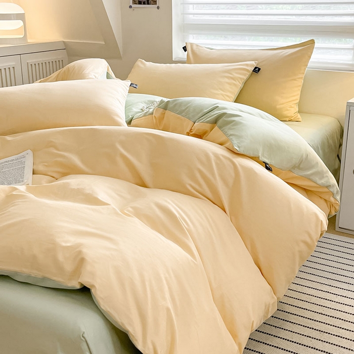 91家纺网 家纺一手货源 找家纺 涵宸家纺 2026新款全棉纯色四件套-米兰-场景一 米兰-浅黄+月光绿