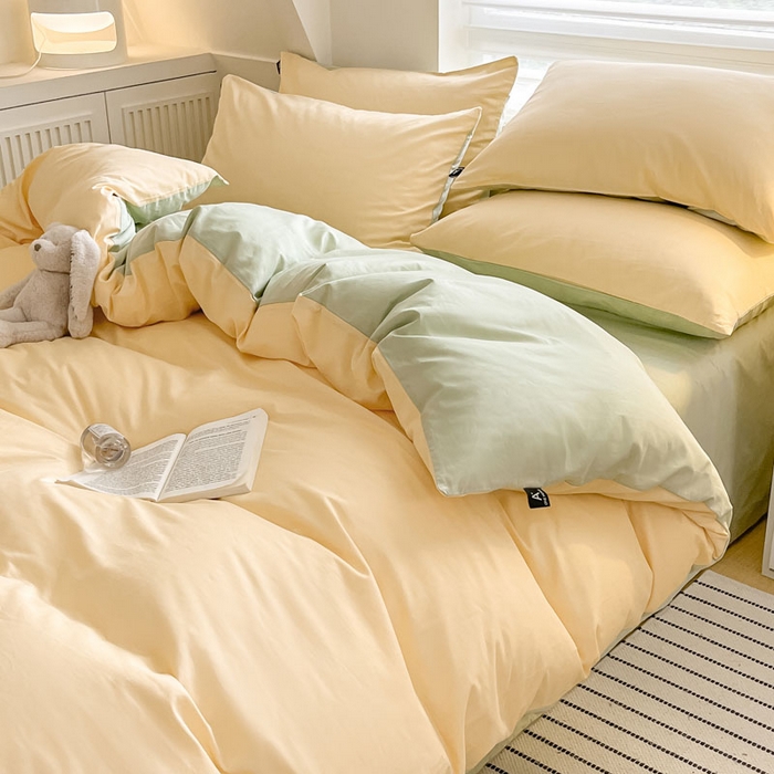 91家纺网 家纺一手货源 找家纺 涵宸家纺 2026新款全棉纯色四件套-米兰-场景一 米兰-浅黄+月光绿