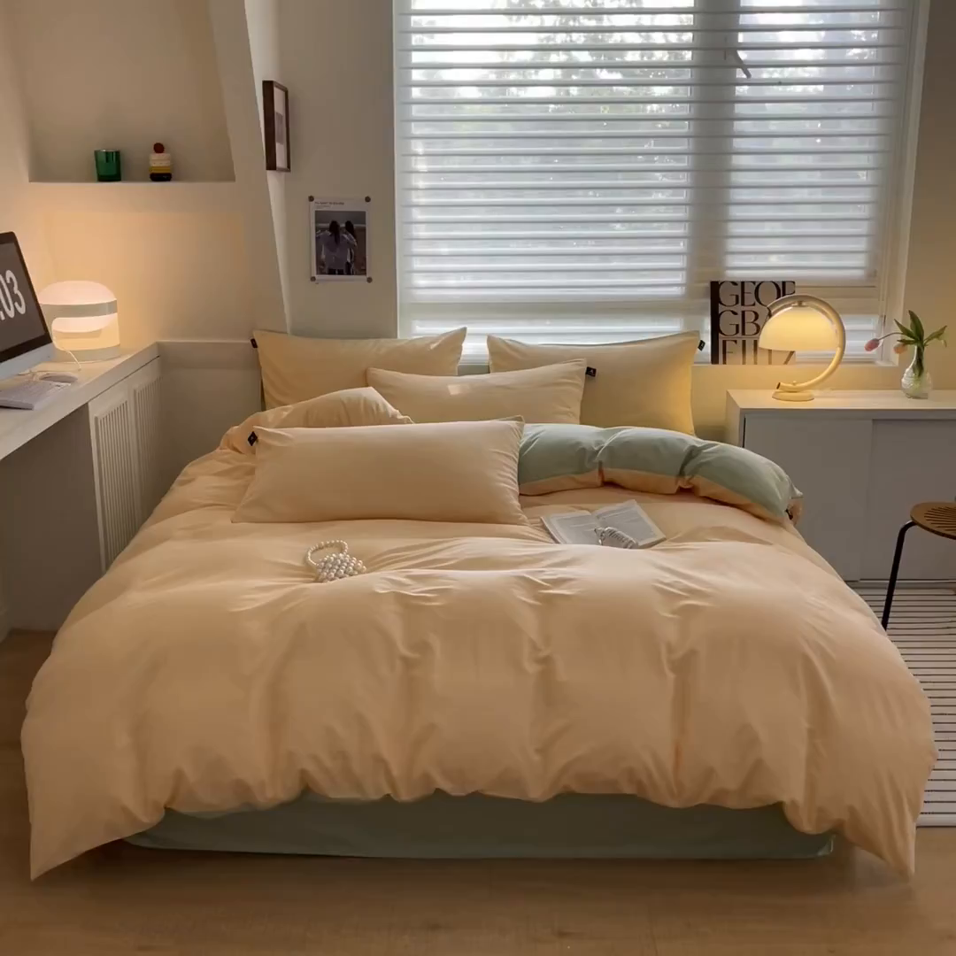 91家纺网 家纺一手货源 找家纺 涵宸家纺 2026新款全棉纯色四件套-米兰-场景一 米兰-浅黄+月光绿