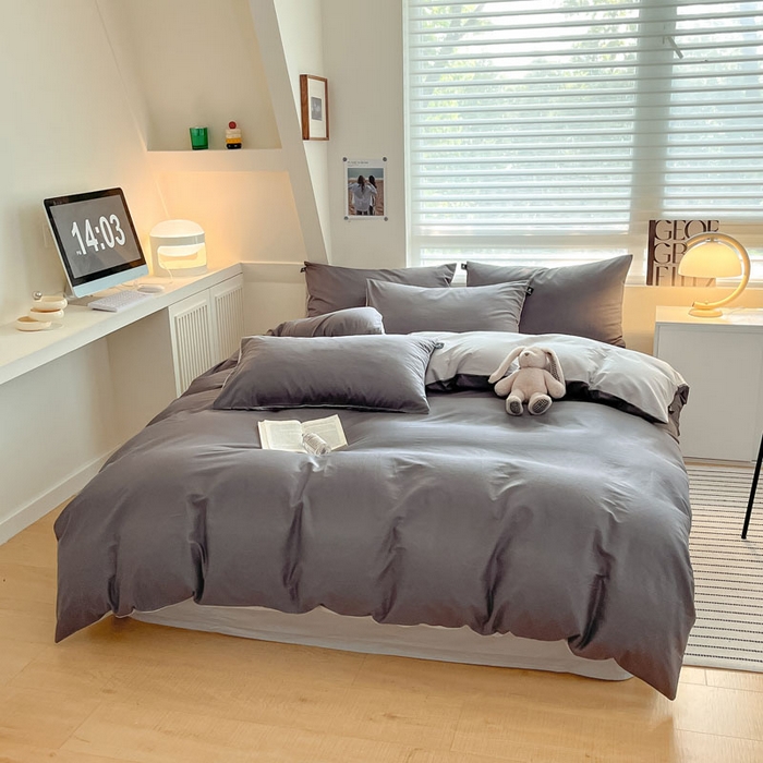 91家纺网 家纺一手货源 找家纺 涵宸家纺 2026新款全棉纯色四件套-米兰-场景一 米兰-石灰+梧桐灰