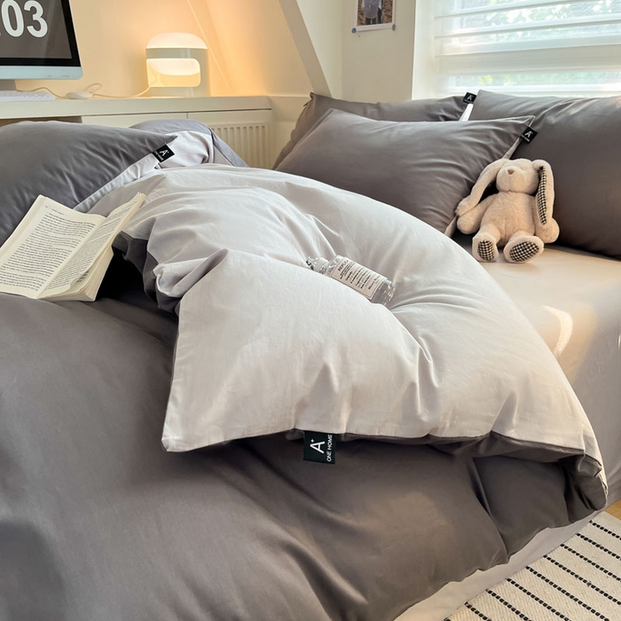 91家纺网 家纺一手货源 找家纺 涵宸家纺 2026新款全棉纯色四件套-米兰-场景一 米兰-石灰+梧桐灰
