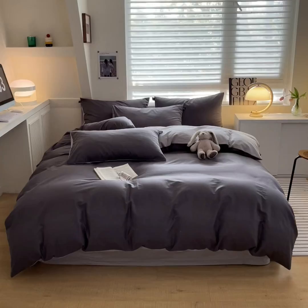 91家纺网 家纺一手货源 找家纺 涵宸家纺 2026新款全棉纯色四件套-米兰-场景一 米兰-石灰+梧桐灰