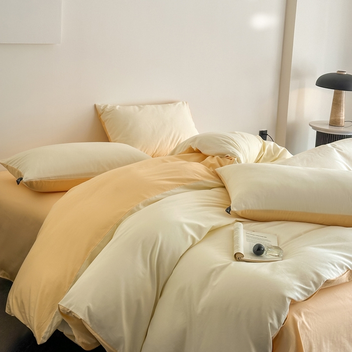 91家纺网 家纺一手货源 找家纺 涵宸家纺 2026新款全棉纯色四件套-米兰-场景二 米兰（奶白+浅黄）