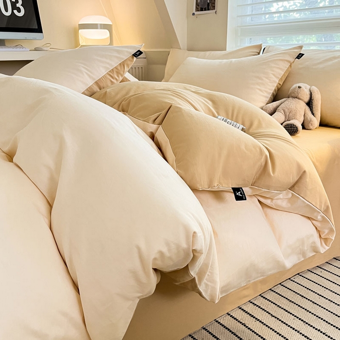 涵宸家纺 2026新款全棉纯色四件套-米兰-场景一 米兰-香槟金+驼色