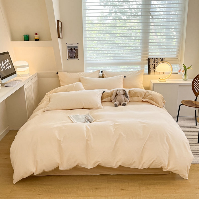 91家纺网 家纺一手货源 找家纺 涵宸家纺 2026新款全棉纯色四件套-米兰-场景一 米兰-香槟金+驼色