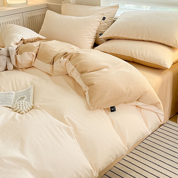 91家纺网 家纺一手货源 找家纺 涵宸家纺 2026新款全棉纯色四件套-米兰-场景一 米兰-香槟金+驼色