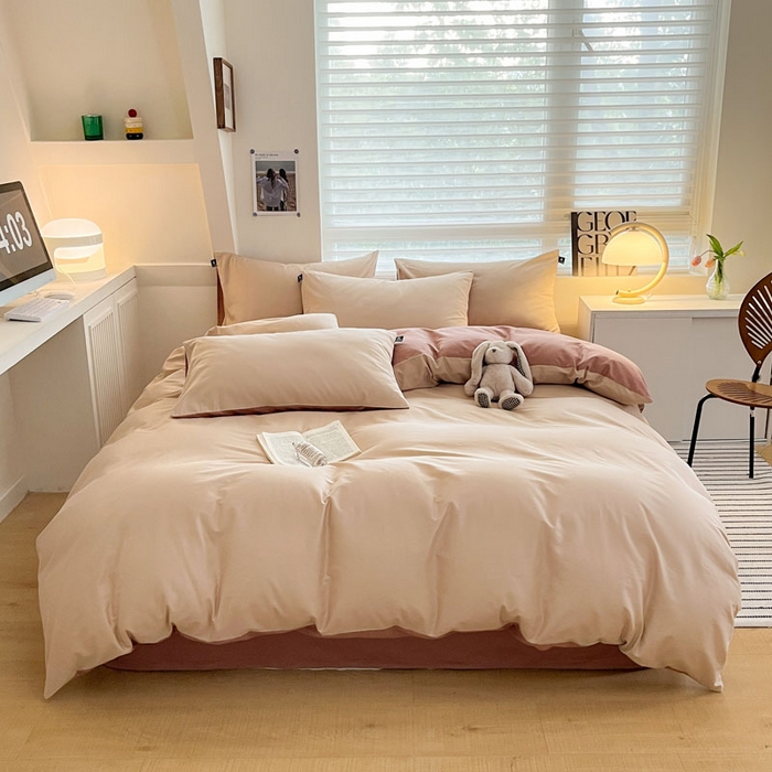 91家纺网 家纺一手货源 找家纺 涵宸家纺 2026新款全棉纯色四件套-米兰-场景一 米兰-杏色+豆其