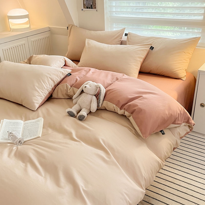 91家纺网 家纺一手货源 找家纺 涵宸家纺 2026新款全棉纯色四件套-米兰-场景一 米兰-杏色+豆其