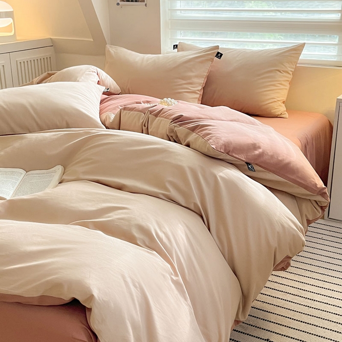 91家纺网 家纺一手货源 找家纺 涵宸家纺 2026新款全棉纯色四件套-米兰-场景一 米兰-杏色+豆其