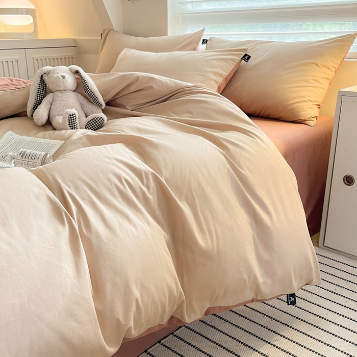 91家纺网 家纺一手货源 找家纺 涵宸家纺 2026新款全棉纯色四件套-米兰-场景一 米兰-杏色+豆其