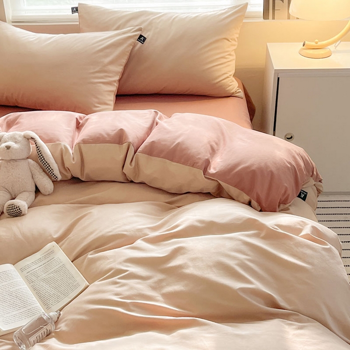 91家纺网 家纺一手货源 找家纺 涵宸家纺 2026新款全棉纯色四件套-米兰-场景一 米兰-杏色+豆其