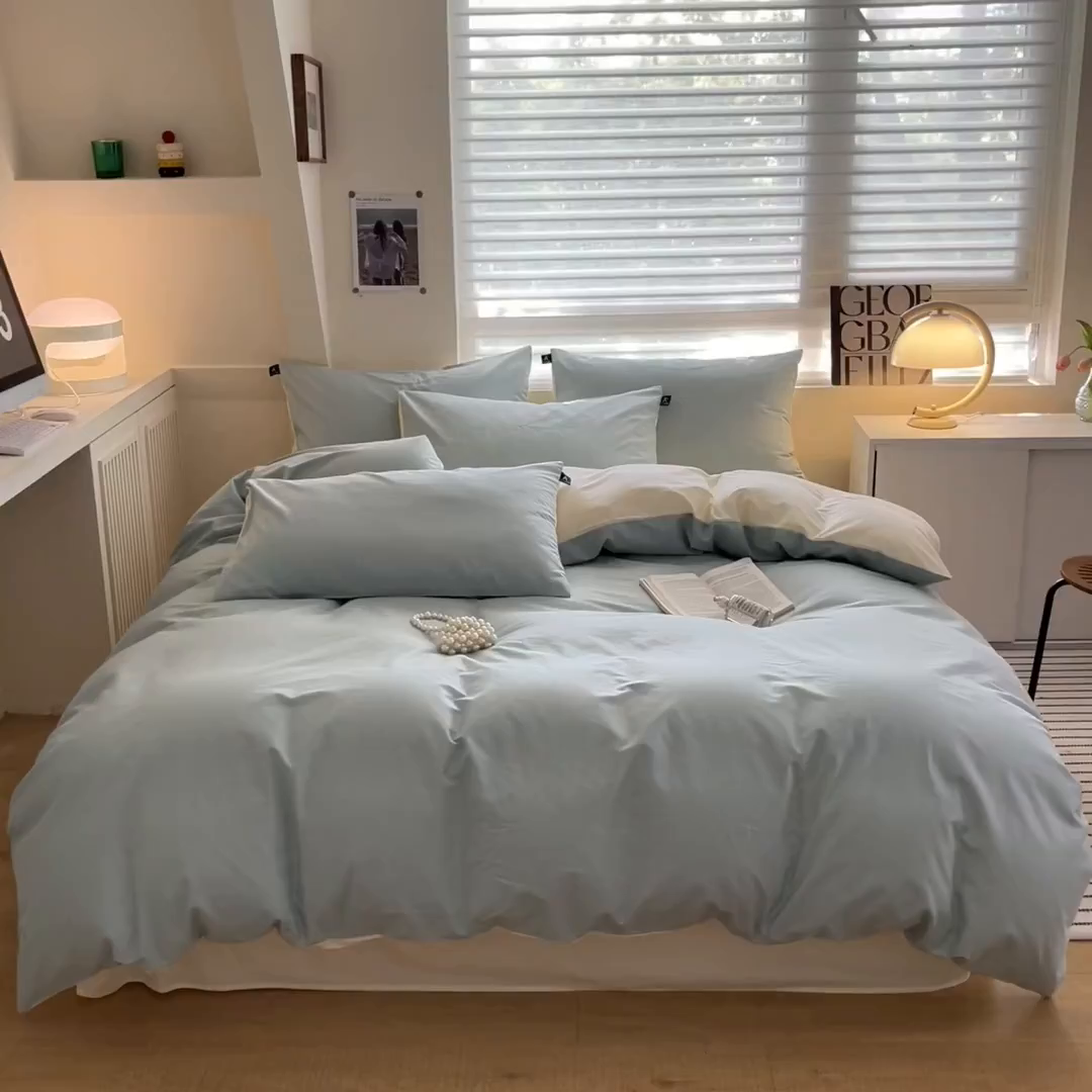 91家纺网 家纺一手货源 找家纺 涵宸家纺 2026新款全棉纯色四件套-米兰-场景一 米兰-幸运兰+ 奶白