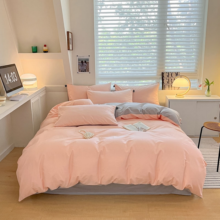 91家纺网 家纺一手货源 找家纺 涵宸家纺 2026新款全棉纯色四件套-米兰-场景一 米兰-烟粉-梧桐灰