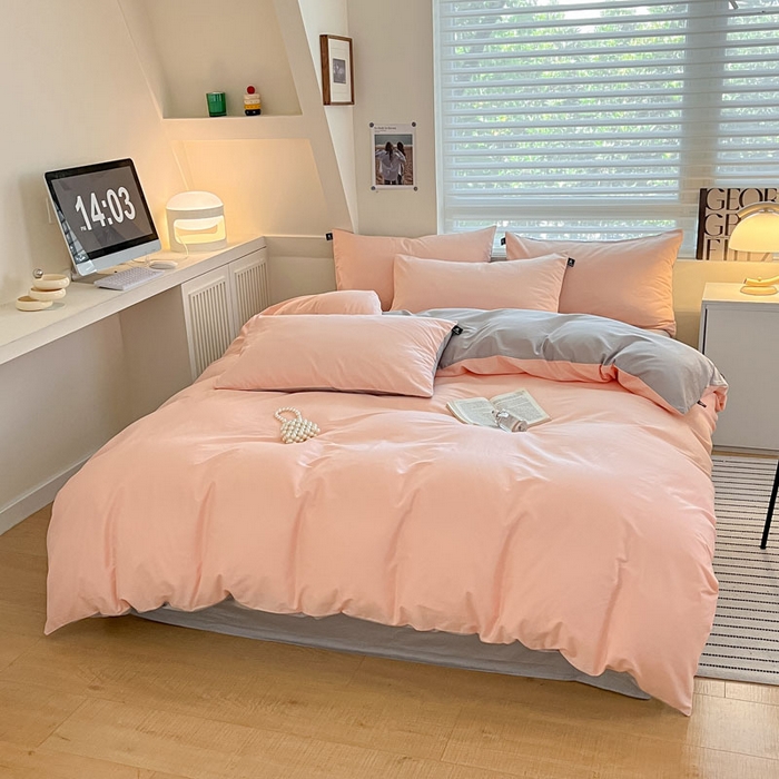 91家纺网 家纺一手货源 找家纺 涵宸家纺 2026新款全棉纯色四件套-米兰-场景一 米兰-烟粉-梧桐灰