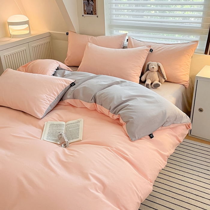 91家纺网 家纺一手货源 找家纺 涵宸家纺 2026新款全棉纯色四件套-米兰-场景一 米兰-烟粉-梧桐灰