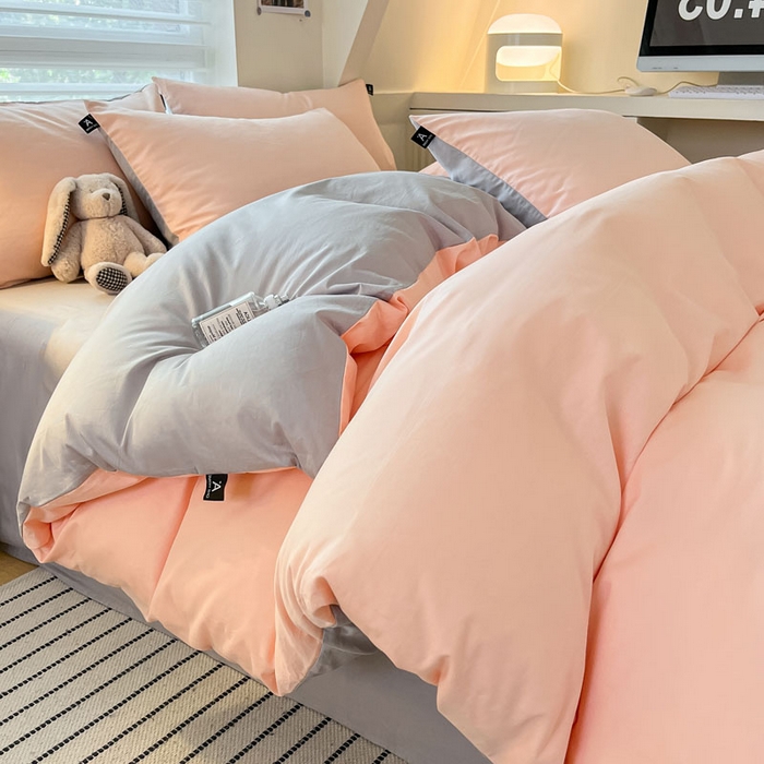 91家纺网 家纺一手货源 找家纺 涵宸家纺 2026新款全棉纯色四件套-米兰-场景一 米兰-烟粉-梧桐灰