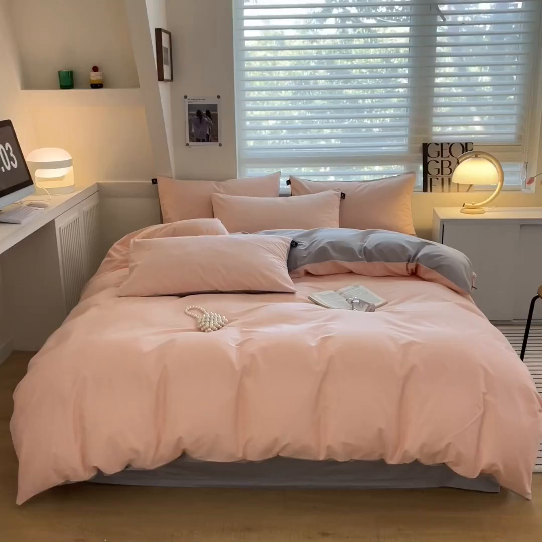 91家纺网 家纺一手货源 找家纺 涵宸家纺 2026新款全棉纯色四件套-米兰-场景一 米兰-烟粉-梧桐灰