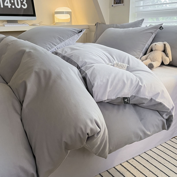 涵宸家纺 2026新款全棉纯色四件套-米兰-场景一 米兰-银灰+梧桐灰