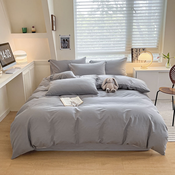 91家纺网 家纺一手货源 找家纺 涵宸家纺 2026新款全棉纯色四件套-米兰-场景一 米兰-银灰+梧桐灰