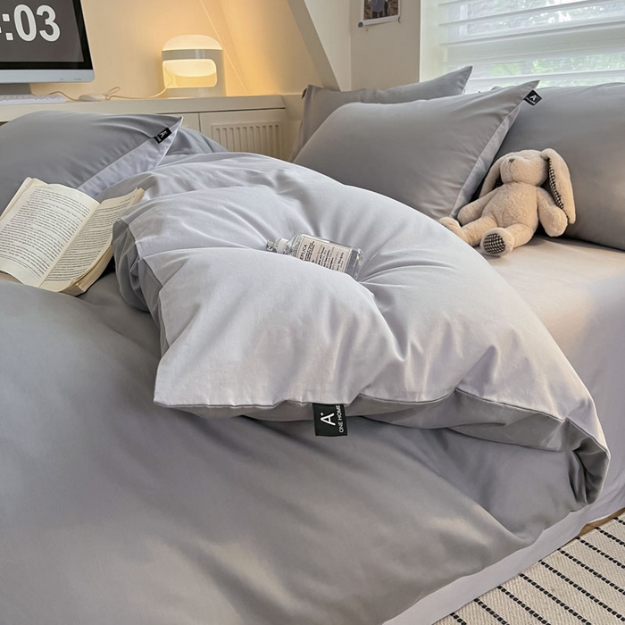 91家纺网 家纺一手货源 找家纺 涵宸家纺 2026新款全棉纯色四件套-米兰-场景一 米兰-银灰+梧桐灰