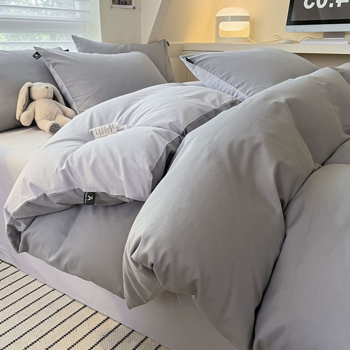 91家纺网 家纺一手货源 找家纺 涵宸家纺 2026新款全棉纯色四件套-米兰-场景一 米兰-银灰+梧桐灰