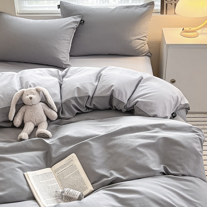 91家纺网 家纺一手货源 找家纺 涵宸家纺 2026新款全棉纯色四件套-米兰-场景一 米兰-银灰+梧桐灰