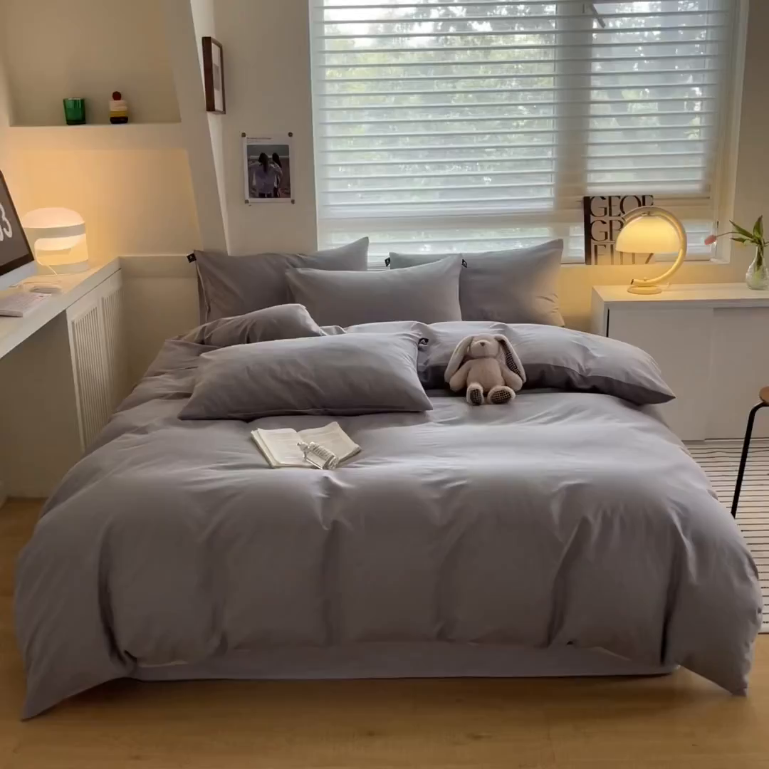 91家纺网 家纺一手货源 找家纺 涵宸家纺 2026新款全棉纯色四件套-米兰-场景一 米兰-银灰+梧桐灰