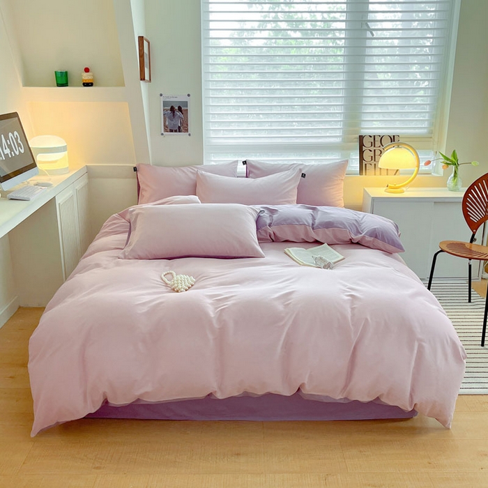 91家纺网 家纺一手货源 找家纺 涵宸家纺 2026新款全棉纯色四件套-米兰-场景一 米兰-优雅紫+青紫